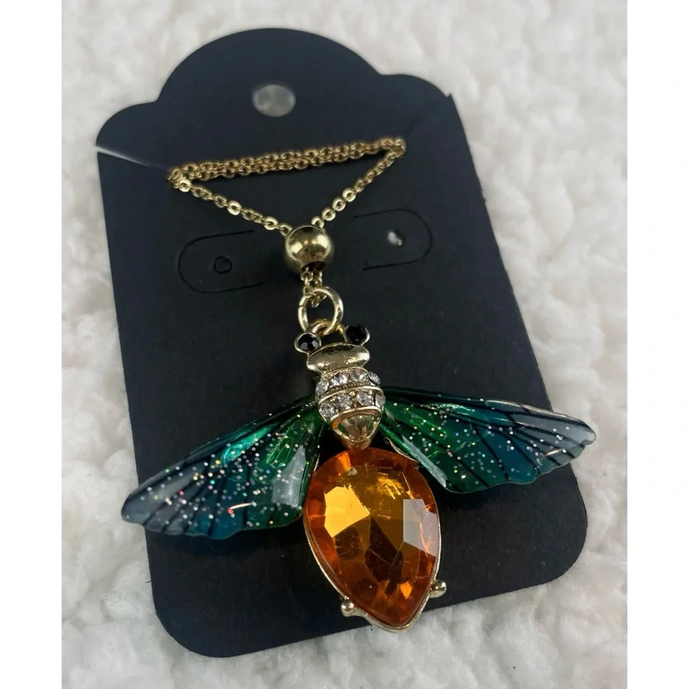 (NWOT) Blue/Green/Orange/Gold Firefly Necklace w/ Matching Drop Earrings - Picture 3 of 15